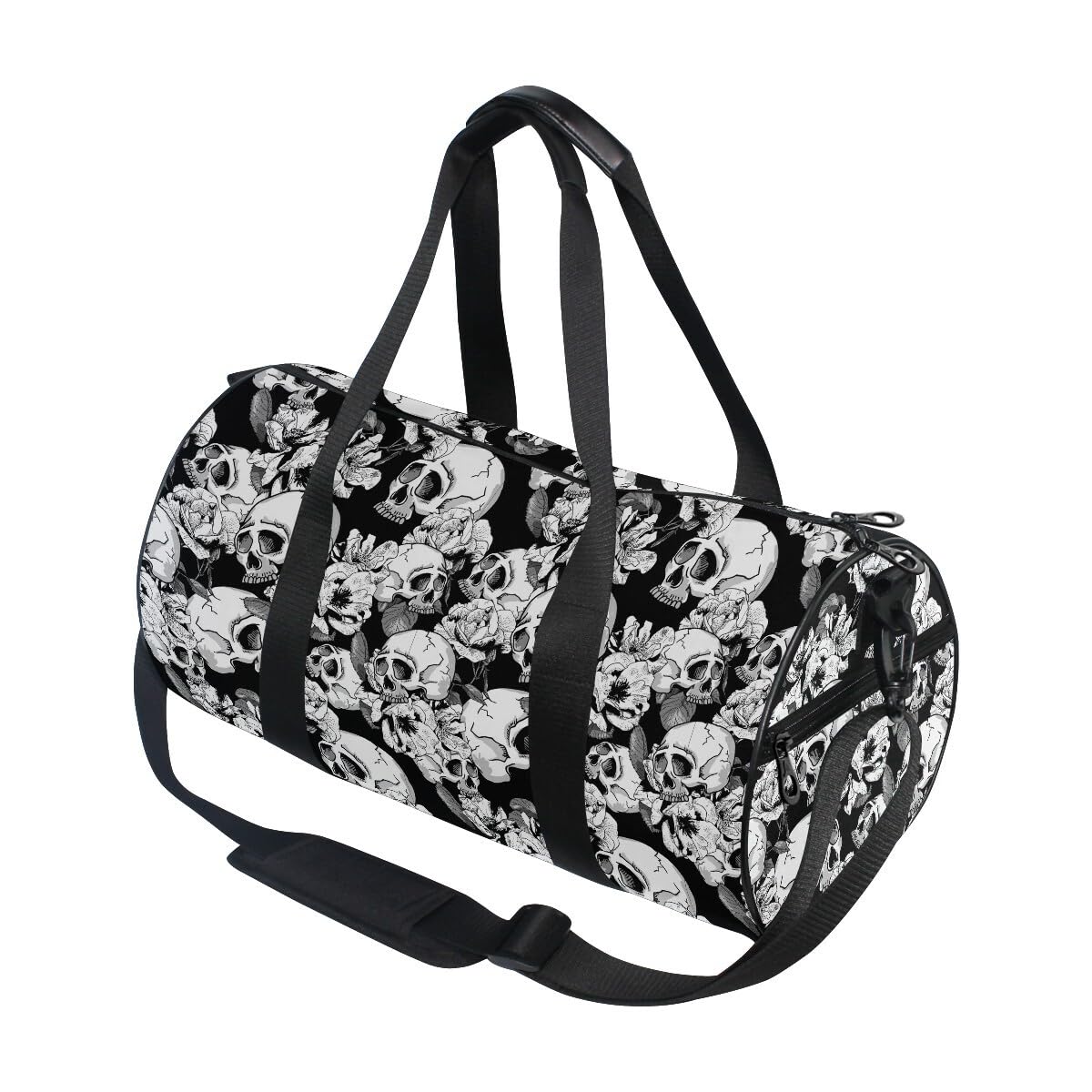 ALAZA Foldable Duffle Bag Womens Mens for Travel Sports Camping Yoga Swim, Skull and Flowers Small Round Gym Bags with Shoulder Strap Top Handle โ image 1