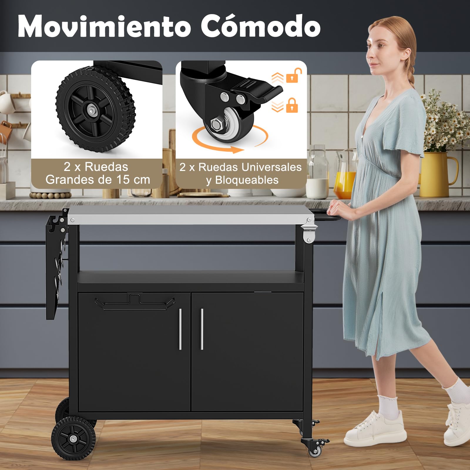 COSTWAY Carro de Barbacoa con Estante Abierto y Armario, Cocina Exterior, Encimera de Acero Inoxidable Plegable, Mueble para BBQ para Picnic, Fiesta, 127 x 50 x 84 cm