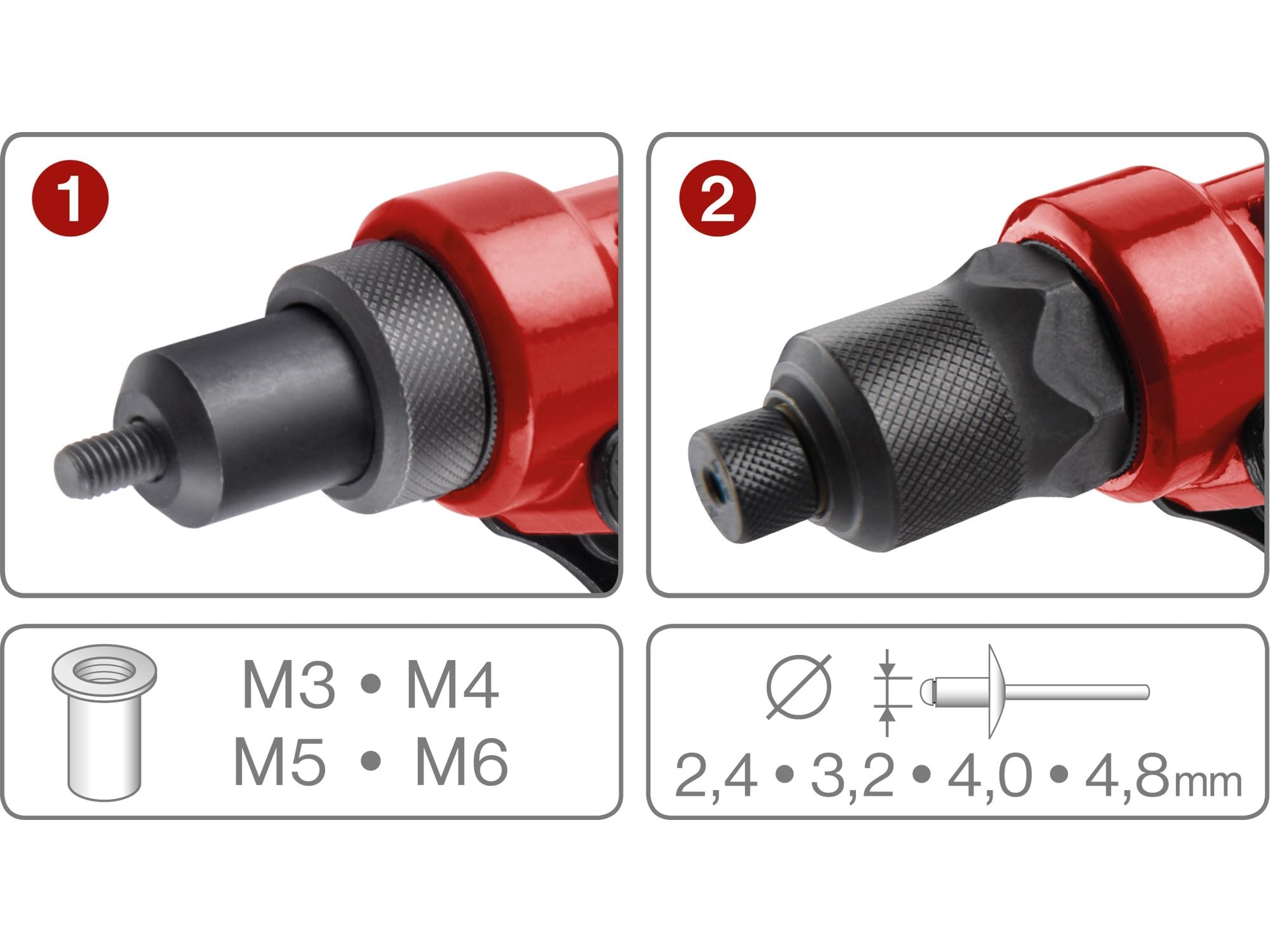 Pince à riveter manuelle combinée pour rivets aveugles et rivets filetés I Tête pivotante à 360° | Pince à écrou à riveter pour écrous à riveter M3-M6 & rivets pop de 2,4-4,8 mm I Pince à