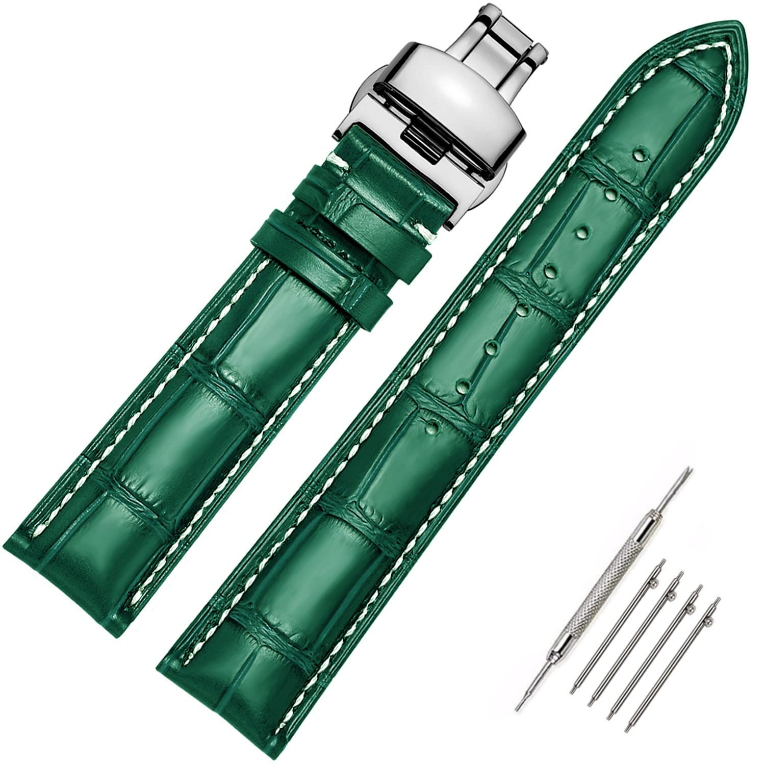 Moran Quick Release Leather Watch Bands Deployment Butterfly Buckle 18mm 20mm 22mm 24mm Blue Black Brown Calfskin Replacement Watch Strap for Men & Women