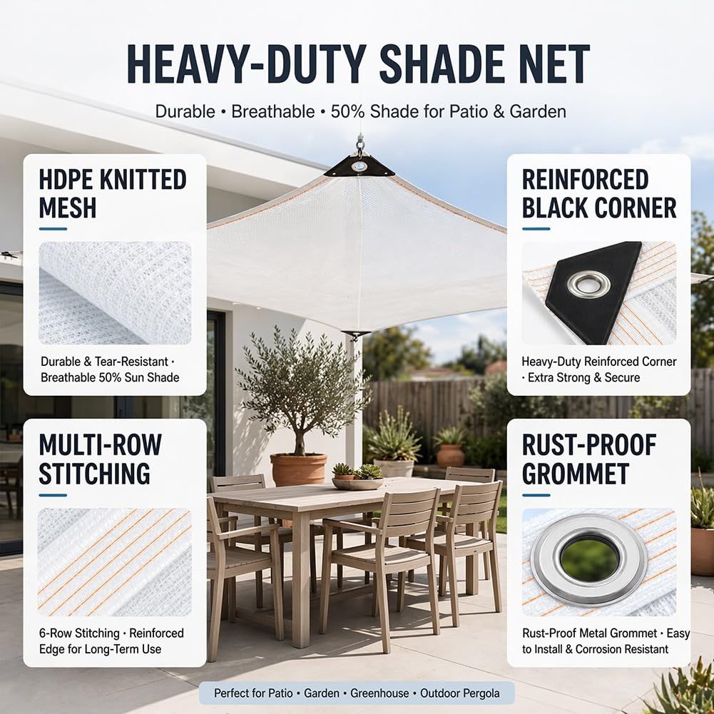 Red de Sombreado para Invernadero del 50% con Ojales, Malla Sombra Exterior | Toldo Vela de Sombra Protección UV Transpirable Tela de Lona Sombreo Resistente Viento para Jardín Plantas Patio(6x11.0m)