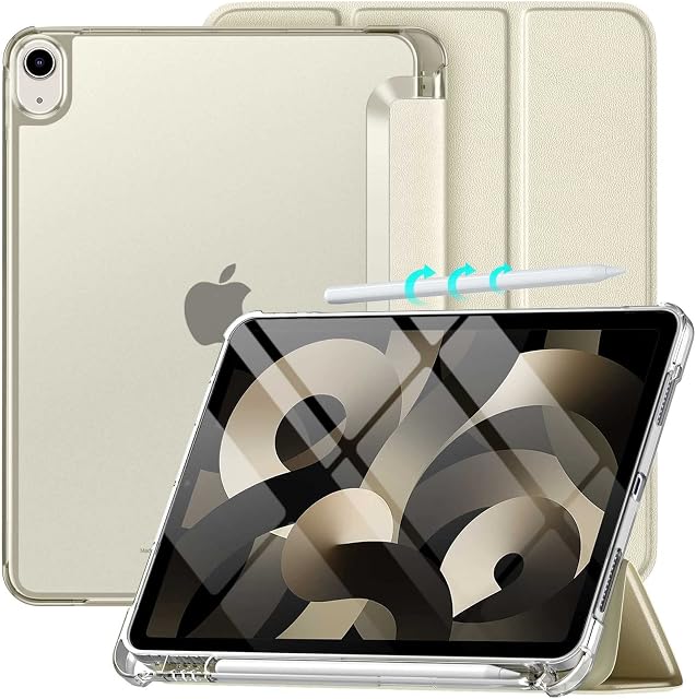 Maledan Case for iPad Air 2022/2020 10.9 inch, iPad Air 5th Generation Case with Pencil Holder, [Support 2nd Gen Apple Pencil Charging] Translucent Frosted Back Smart Cover, Auto Wake/Sleep, Starlight