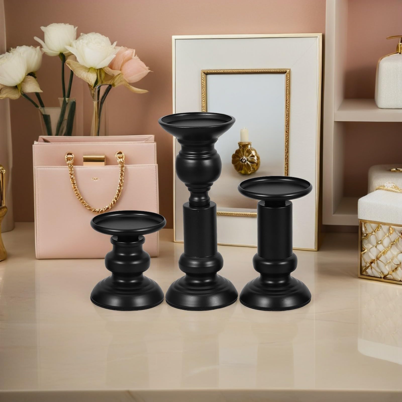 Candelabro Decorativo de Metal Negro 3 Piezas para Velas