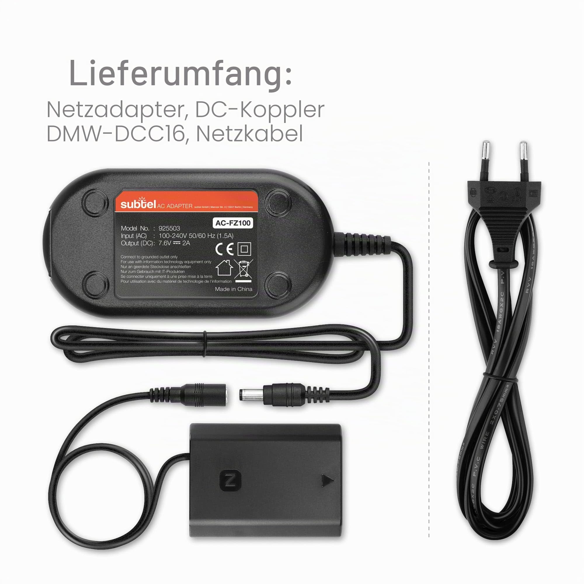 subtel Netzadapter kompatibel mit Sony Alpha 6700, 7 IV, 7C II, 7C | AC-FZ100 + DC Coupler (Dummy-Akku), ca. 3m, 100-240V, Kontinuierliche Kamera Stromversorgung, für Sony A6600 ILCE-6600, ZV-E1