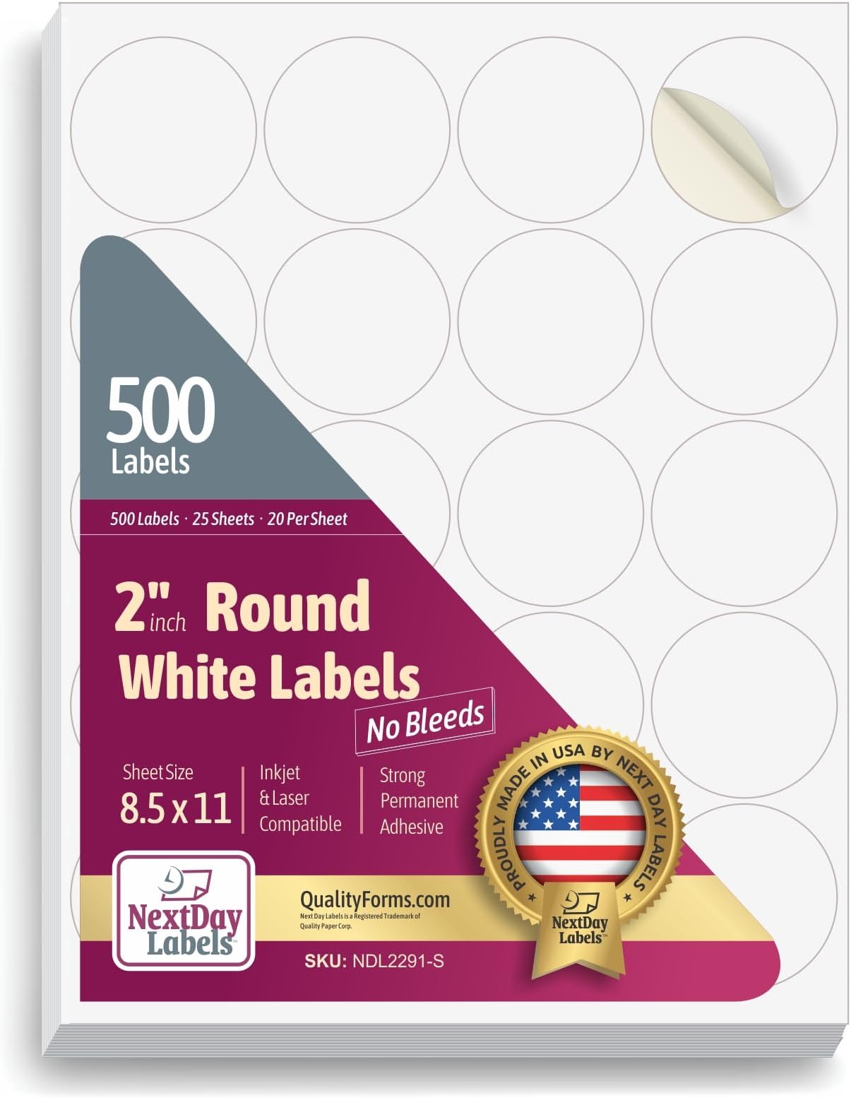 NextDayLabels 2 Inch Round Labels – Matte White Circle Stickers for Inkjet & Laser Printers | 500 Labels, 25 Sheets | Made in USA | Printable Stickers for Jars, Products & Packaging