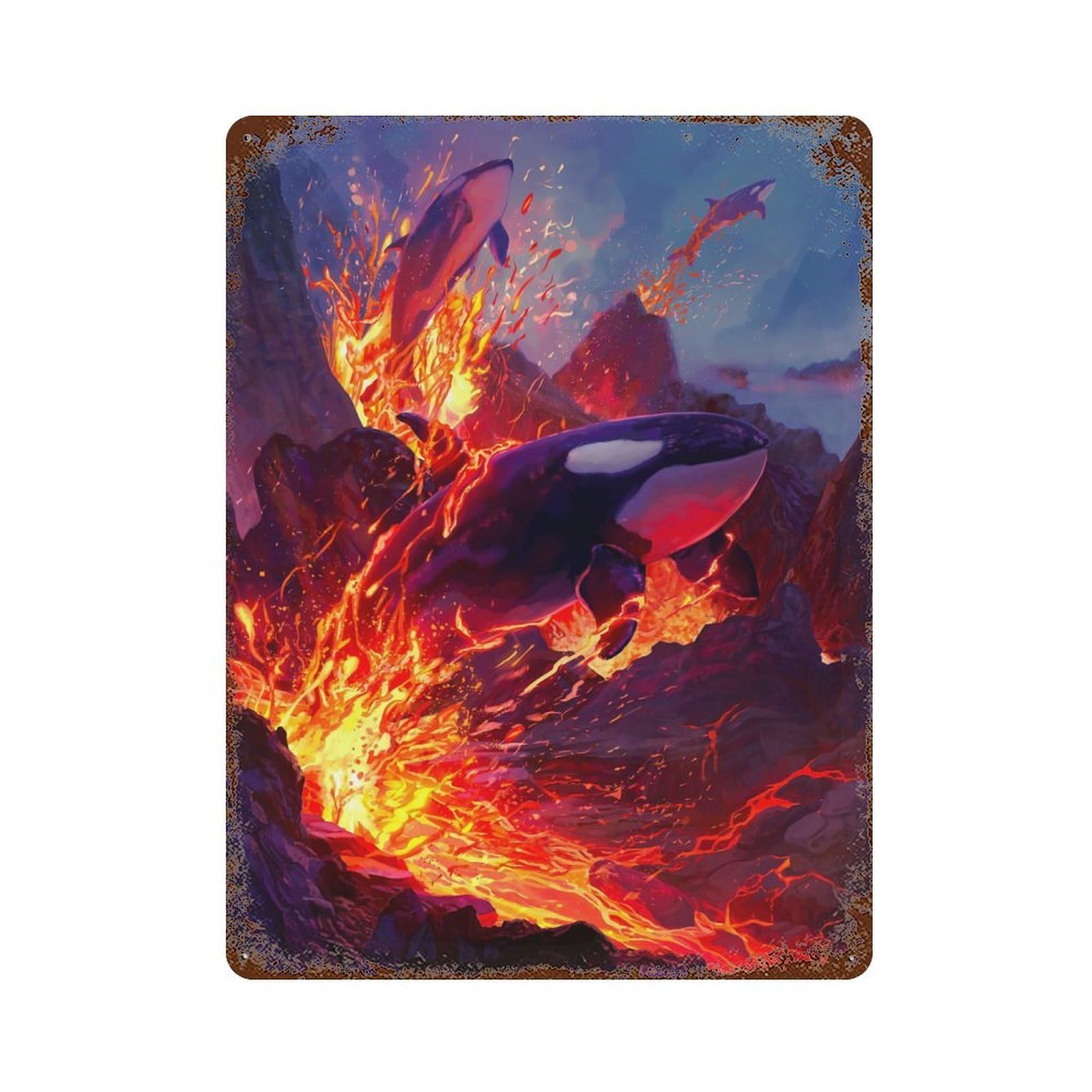Lava Whales Rust Effect Tin Sign 15.7"x11.8", Old School Wall Decor for Farmhouse, Kitchen And Entryway Decor