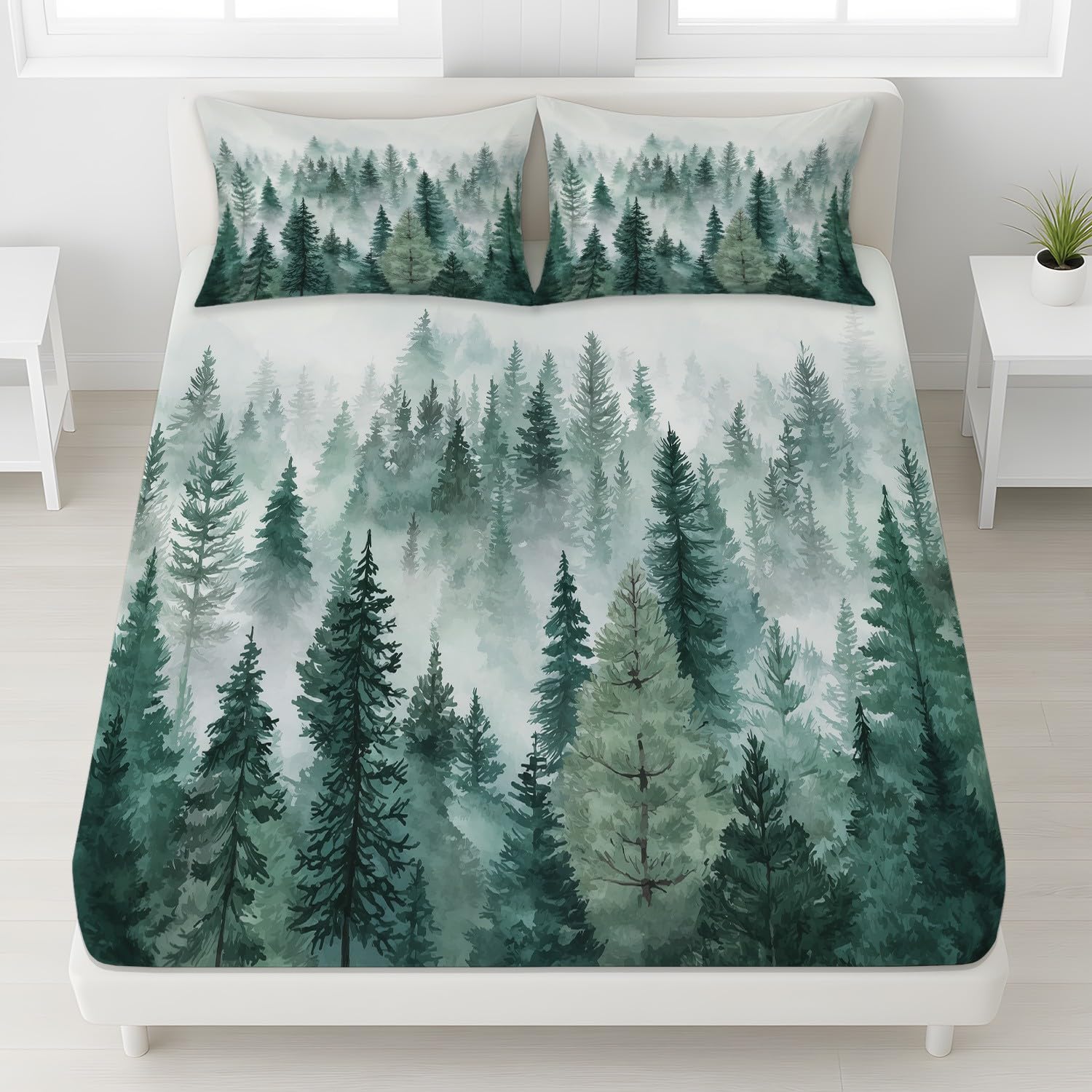 Mystique Forest Prześcieradło z gumką 140 x 200 cm Czapki 30 cm, Serein Spin Jodła Mgła dla dzieci nastolatków dorosłych, miękkie prześcieradło z mikrofibry, oddychający pokrowiec na materac