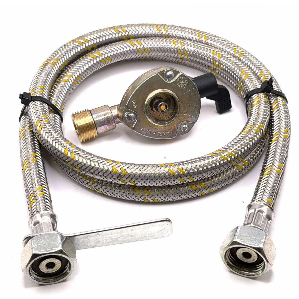 Regolatore per gas GPL da 20 mm senza NRV con tubo flessibile intrecciato in acciaio inox W21.8 LH da 1,5 m
