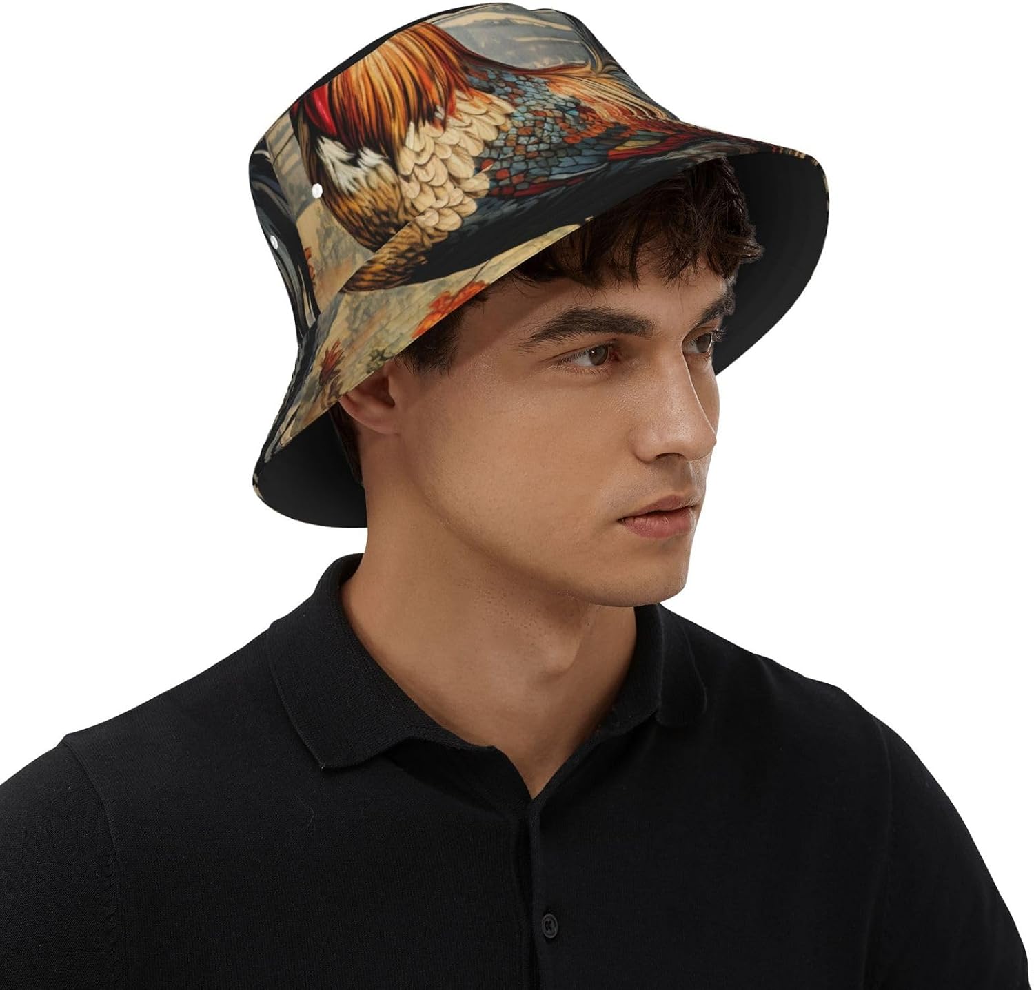 Rooster On Wood in Farmland Print Sun Hat Outdoor Fisherman Cap Summer Bucket Hat Beach for Men Women Black