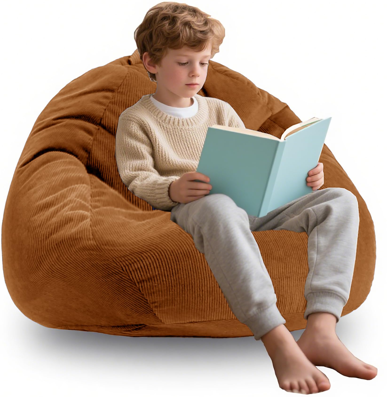 ENBAOHUI 3FT Memory Foam Bean Bag Chairs for Teens or Kids with Filling Bean Bag Sofa with Handle Super Soft Corduroy Fabric Lazy Sofa 3 Foot Caramel