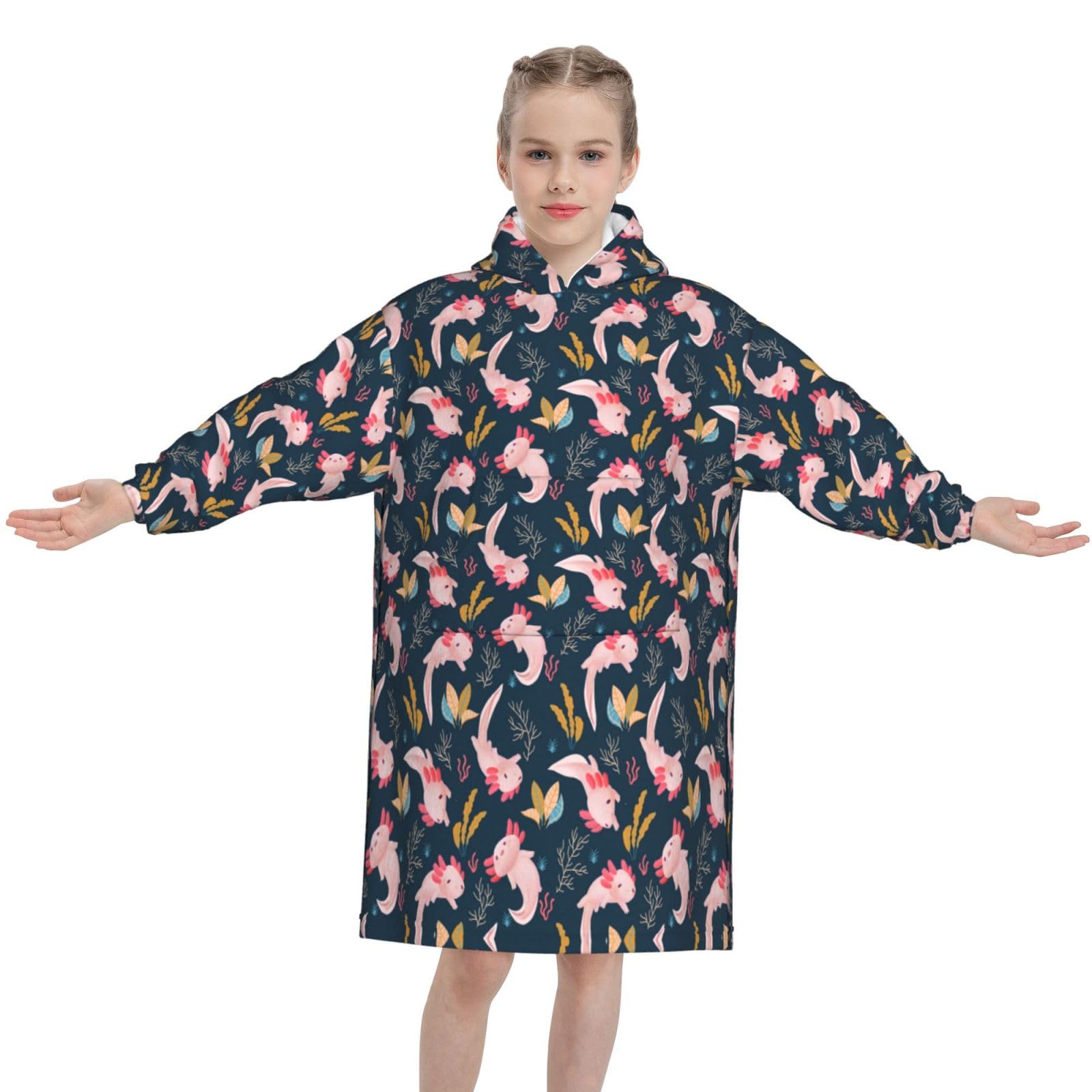 Wearable Blanket Hoodie for Kids - Comfy Flannel Hoodie Blanket Sweatshirt for Girls Boys Teens, Snuggly Cute Axolotl Printed Hooded Blanket, Cozy Gifts for Children