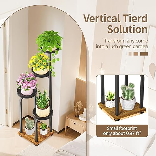Miniatura 5 de LASZOLA Soporte alto negro para plantas de 5 niveles para interiores con bandeja de metal resistente, estante vertical grande de varios niveles para