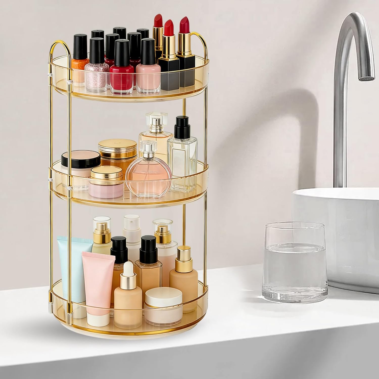 360 Rotating Makeup Organizer for Vanity, 3 Tier Perfume Skincare Organizers and Storage for Bathroom Countertop, Large Capacity Clear Spinning Counter Cosmetic Holder for Dresser, Amber Gold