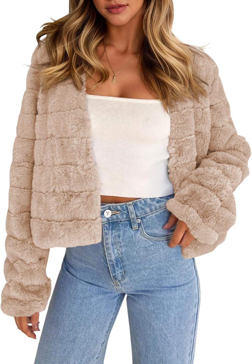 Fisoew Womens Cropped Faux Fur Jackets Long Sleeve Open Front Fluffy Short Coats
