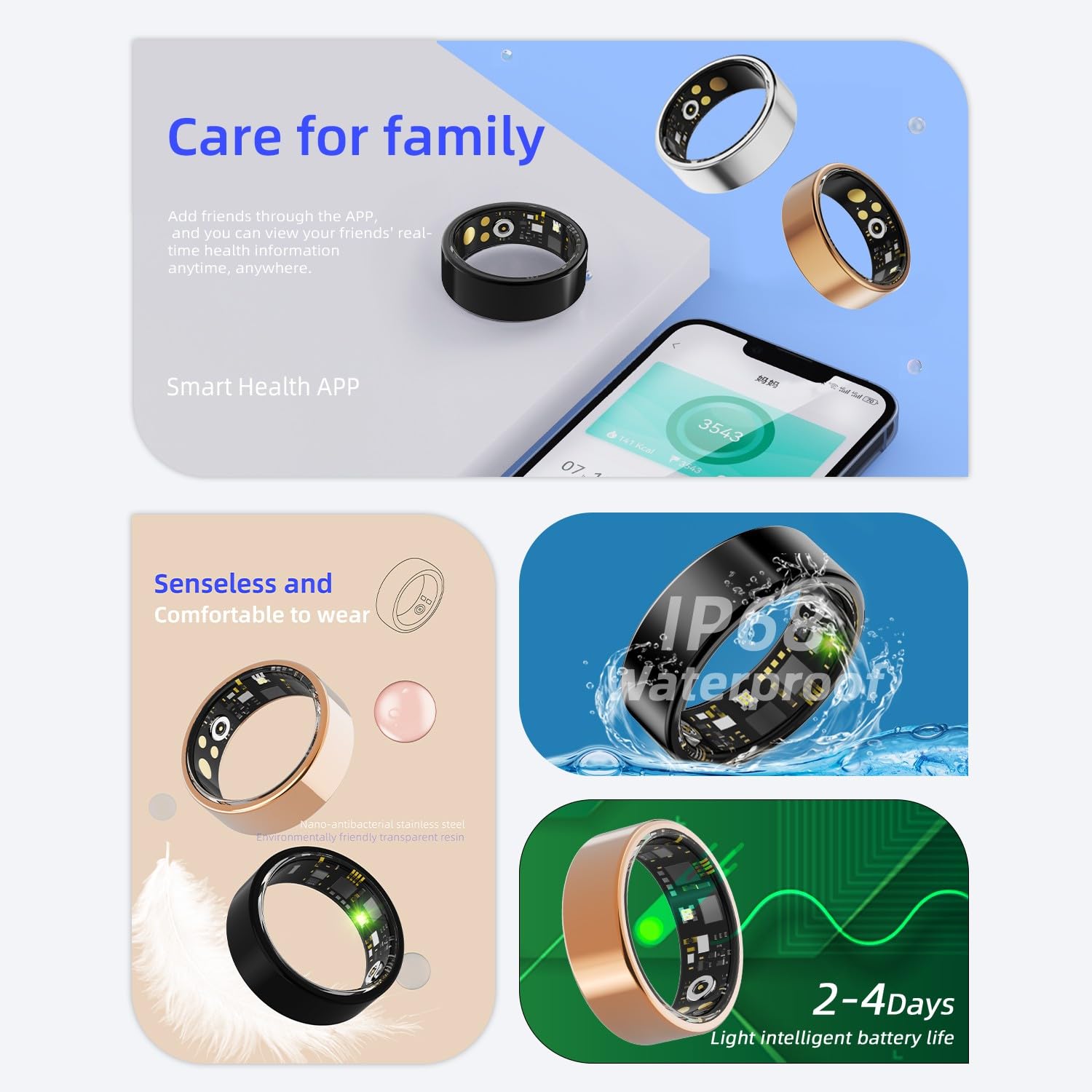 Bague intelligente pour homme et femme avec fréquence cardiaque, oxygène dans le sang, pression artérielle, surveillance du sommeil, comptage des pas, étanchéité IP68 pour iPhone et Android