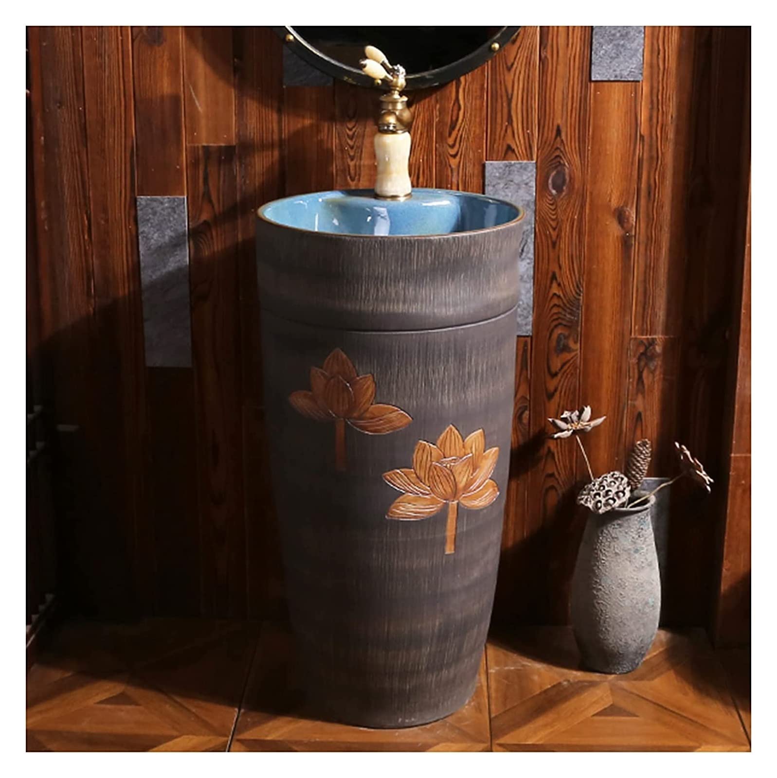 WDSOPK Freestanding Pedestal Sink Hotel Bathroom Basin, Lavatory Sink, Art Toilets Basins Handmade with Drain Installation Hole, for Indoor and Outdoor (C With mirror)