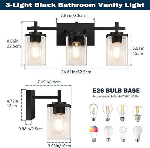 Miniatura 2 de Lámparas de tocador de baño de 3 luces sobre el espejo, modernos apliques de pared negros con pantalla de vidrio transparente, luces de tocador para