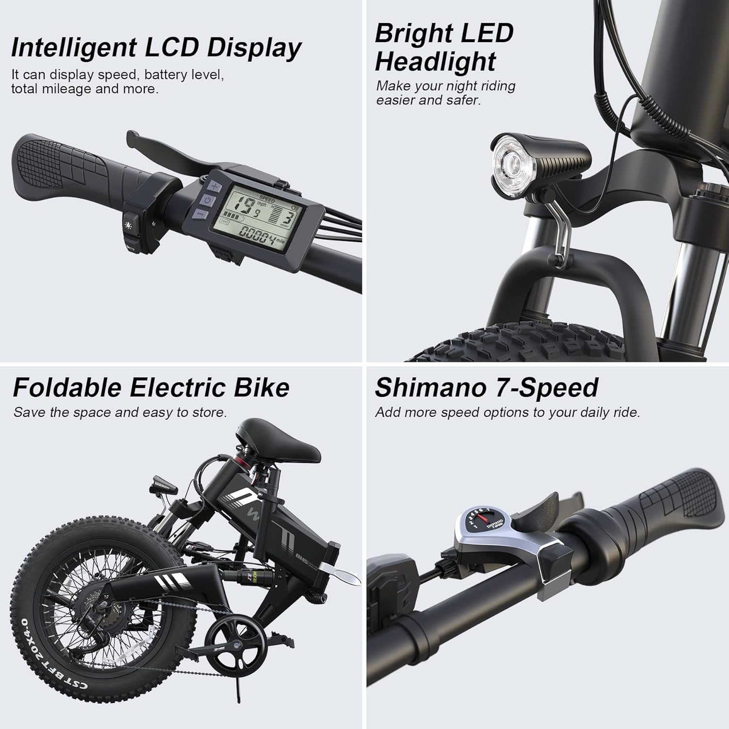 Wooken Electric Bike, 20''X4.0 Fat Tire Electric Bike for Adults, Peak 1000W Foldable Electric Bike with 48V 10Ah Battery,Professional 7 Speed,Shock Absorber, 20MPH Ebike for Mountain Beach Snow