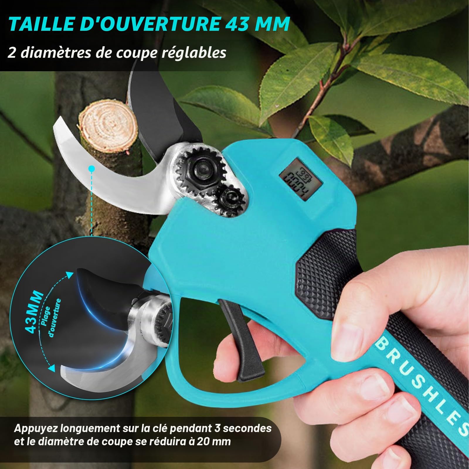 Sécateur Électrique 2-en-1 avec Perche Télescopique 4x0.5m - Réglable 1m/1.5m/2m, Coupe 43mm Secateur Electrique Sans Fil Compatible avec Makita 18V, SK7 Lame, Moteur Sans Balais (Sans Batterie)