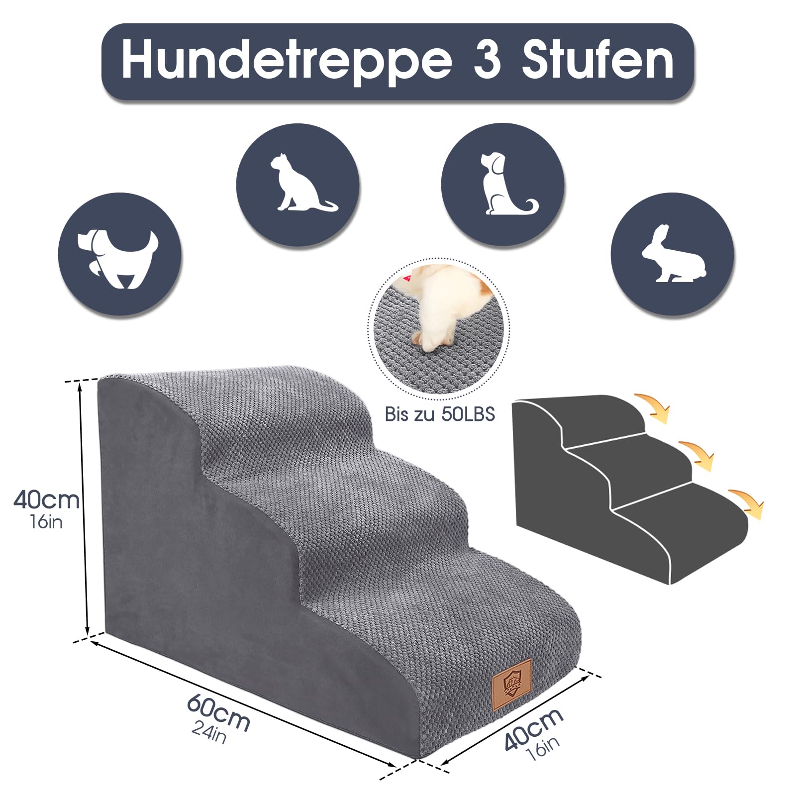 Mestuel Hundetreppe 3-stufig – Für Kleine Hunde Bis 27 Kg, 57x40x40 Cm, Mit Schaumstoff & Rutschfester Unterseite, Blau