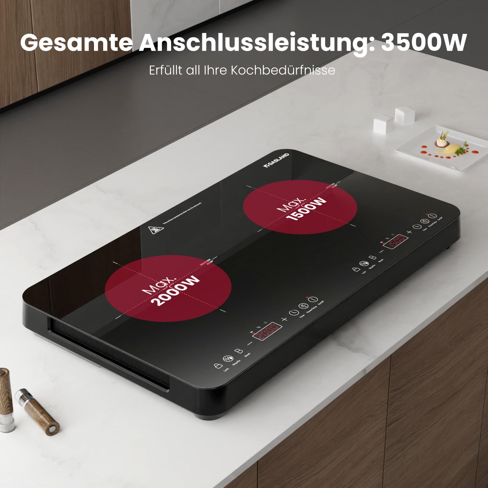 GASLAND IH582BTA Piano cottura a induzione doppio, 58 cm, 3500W Piastra a induzione portatile con 2 zone, controllo touch, 10 livelli di temperatura, 10 livelli di potenza, funzione timer