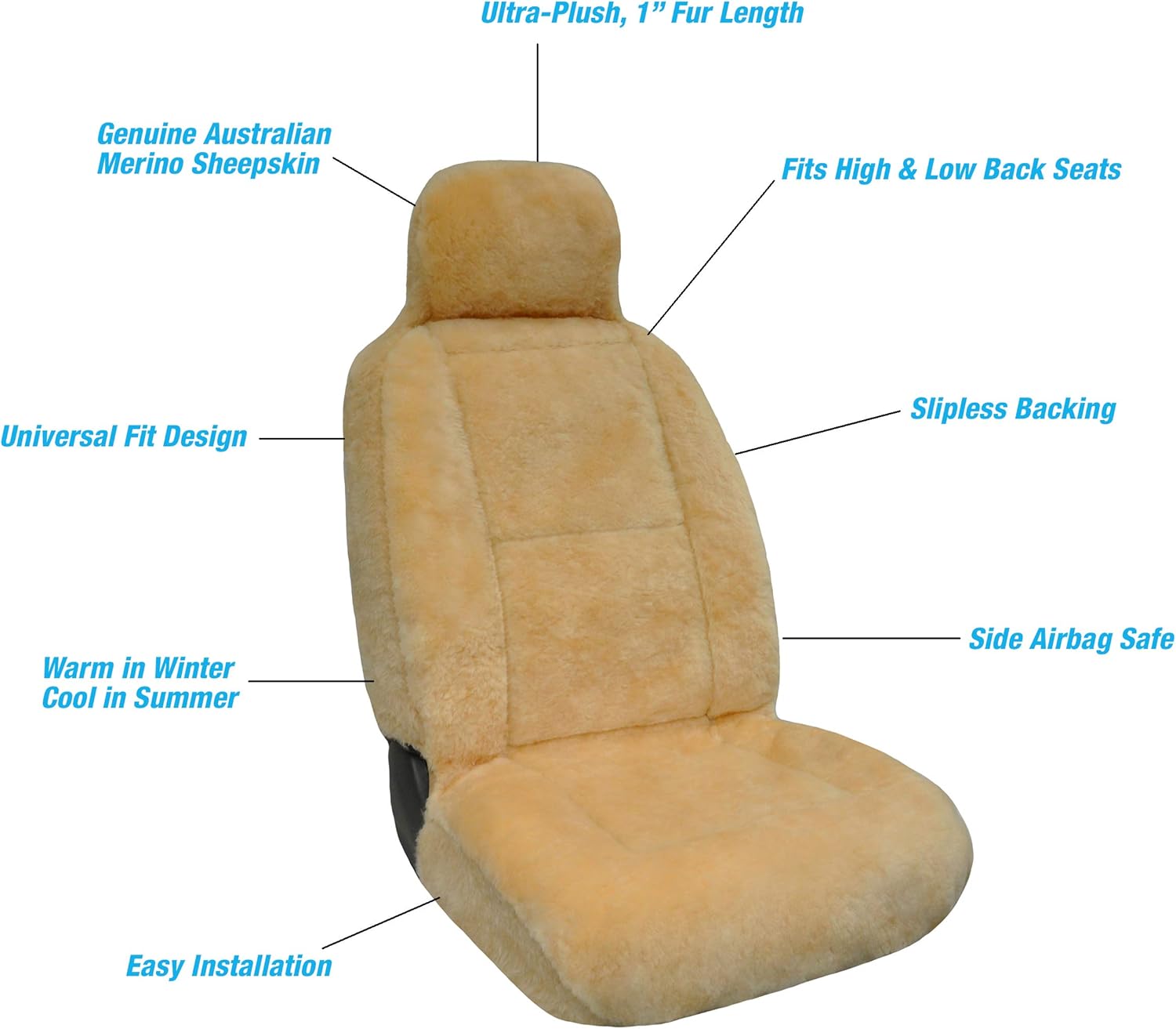 Eurow Australian Merino Sheepskin Car Seat Cover, Plush Universal Fit for Most Vehicles, Summer Cool & Winter Warm, Side Airbag Safe, Easy Installation, 56 x 23 Inches, Single Seat, Beige - Image 6