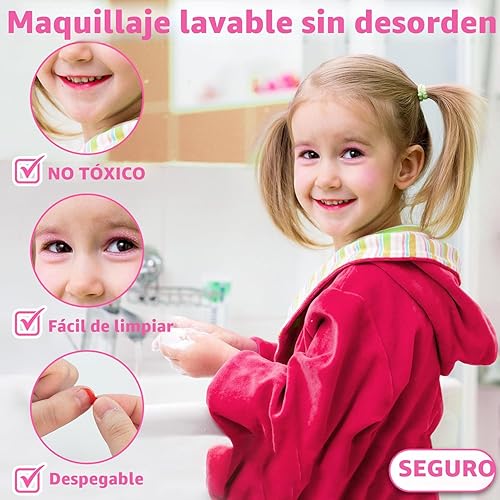 Miniatura 6 de Hollyhi Kit de Maquillaje de 58 Piezas para Niñas, Juguetes de Princesa, Set de Cosméticos Reales Lavables con Espejo, Sets de Maquillaje