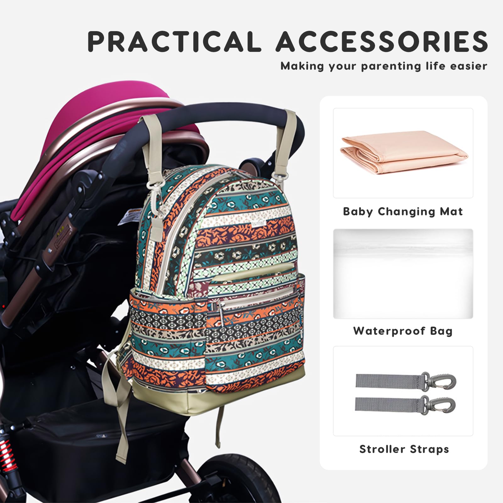 SONARIN Stile Etnico Zaino Fasciatoio,Grande Capacità Borsa per Pannolini Zaino Mamma Neonato Borsa Fasciatoio da Viaggio Portatile con Fasciatoio & Ganci per Passeggino(Giallo Maya)