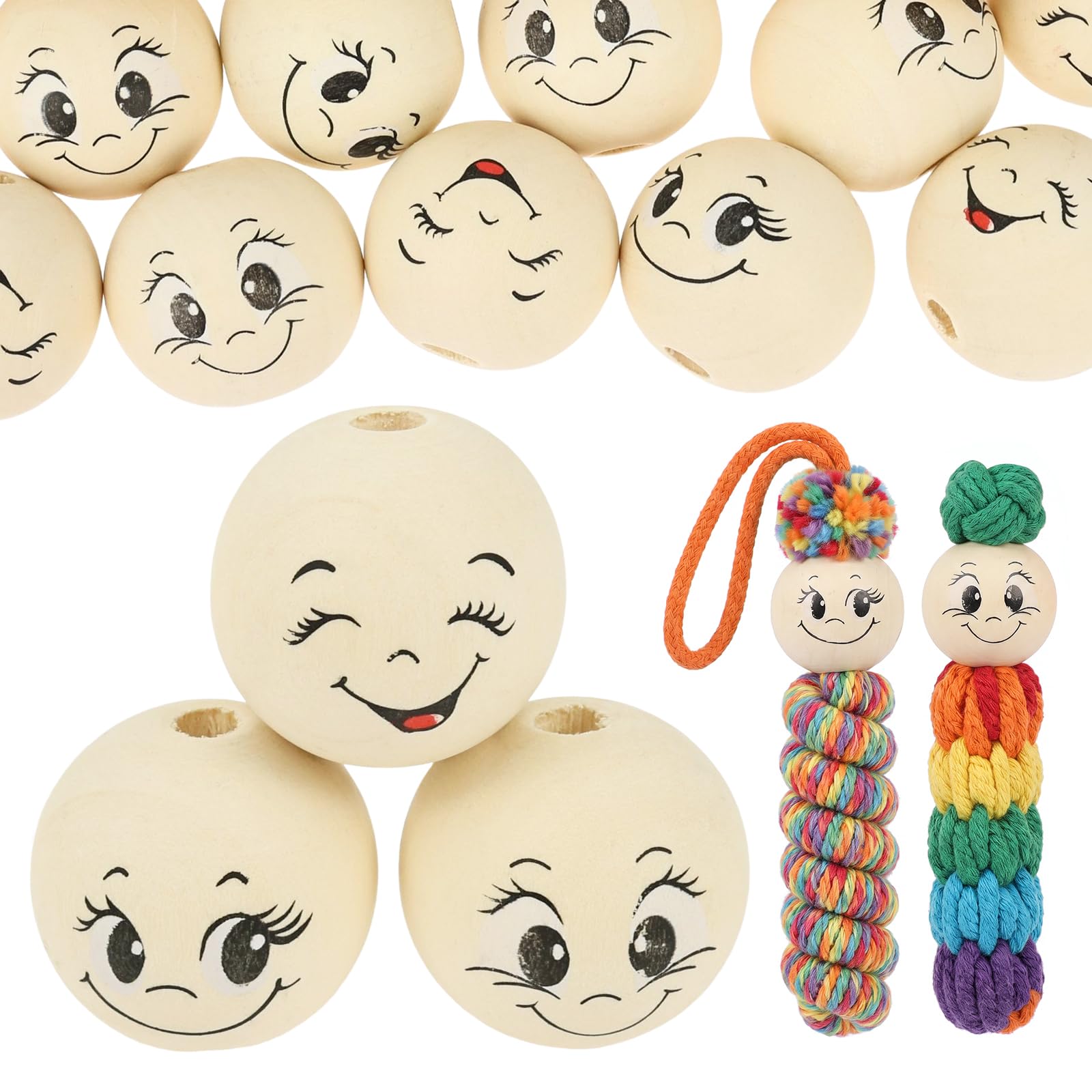 66Pcs 30MM Smile Face Wooden Beads for Crafting Jewellery Bracelet Making