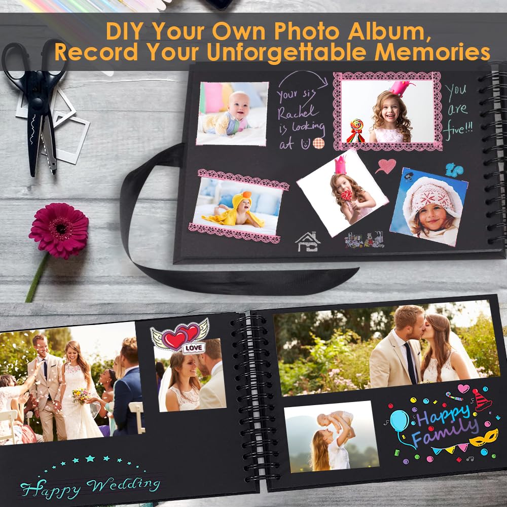 Album Fotografico Personalizzabile, Album Foto Piccolo 10x15 Fai da Te Spirale, 60 Pagine Nere Scrapbook con Copertina Rigida Carta, Scrapbooking per Anniversario di Matrimonio Nozze Valentino, Nero
