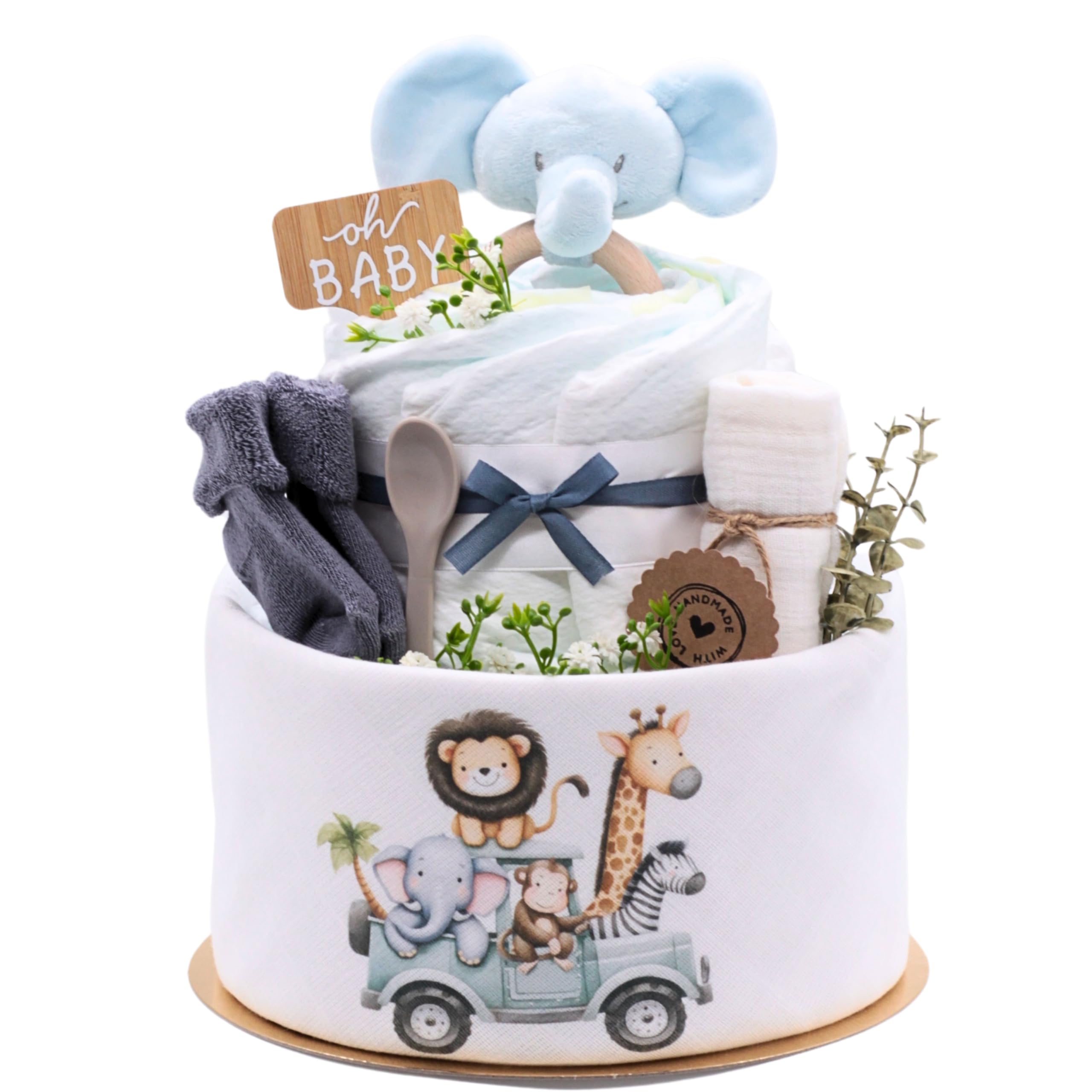 Trend Mama® Windeltorte | Elefant |mit Musselintuch, Holzrassel Elefant, Breilöffel,Spucktuch,Babysocken | Babygeschenk Geburt (Hellblau)