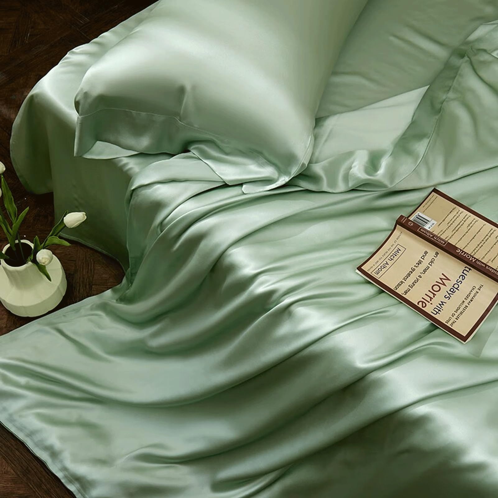 Lenzuolo Sopra Piano in Raso Singolo Matrimoniale 170x230cm 230x250cm 250x250cm in Seta Lavata Delicato Sulla Pelle Liscio Come la Seta(Fruit Green,230x250cm)