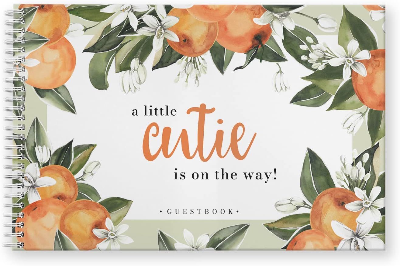 Canopy StreetHardcover Little Cutie Baby Shower Guestbook / 120 Lined Guest Signature Pages Inside / 5.5" x 8.5" Landscape Lay Flat Gender Neutral Guest Book/White Metal Spiral Binding