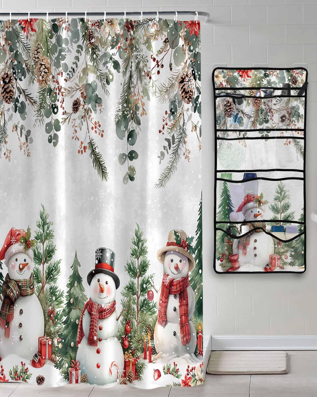 Decorative Shower Curtain Sets Christmas Snowman Fabric Waterproof Shower Curtains Winter Xmas Tree Leaves Berry Gray White Mesh
