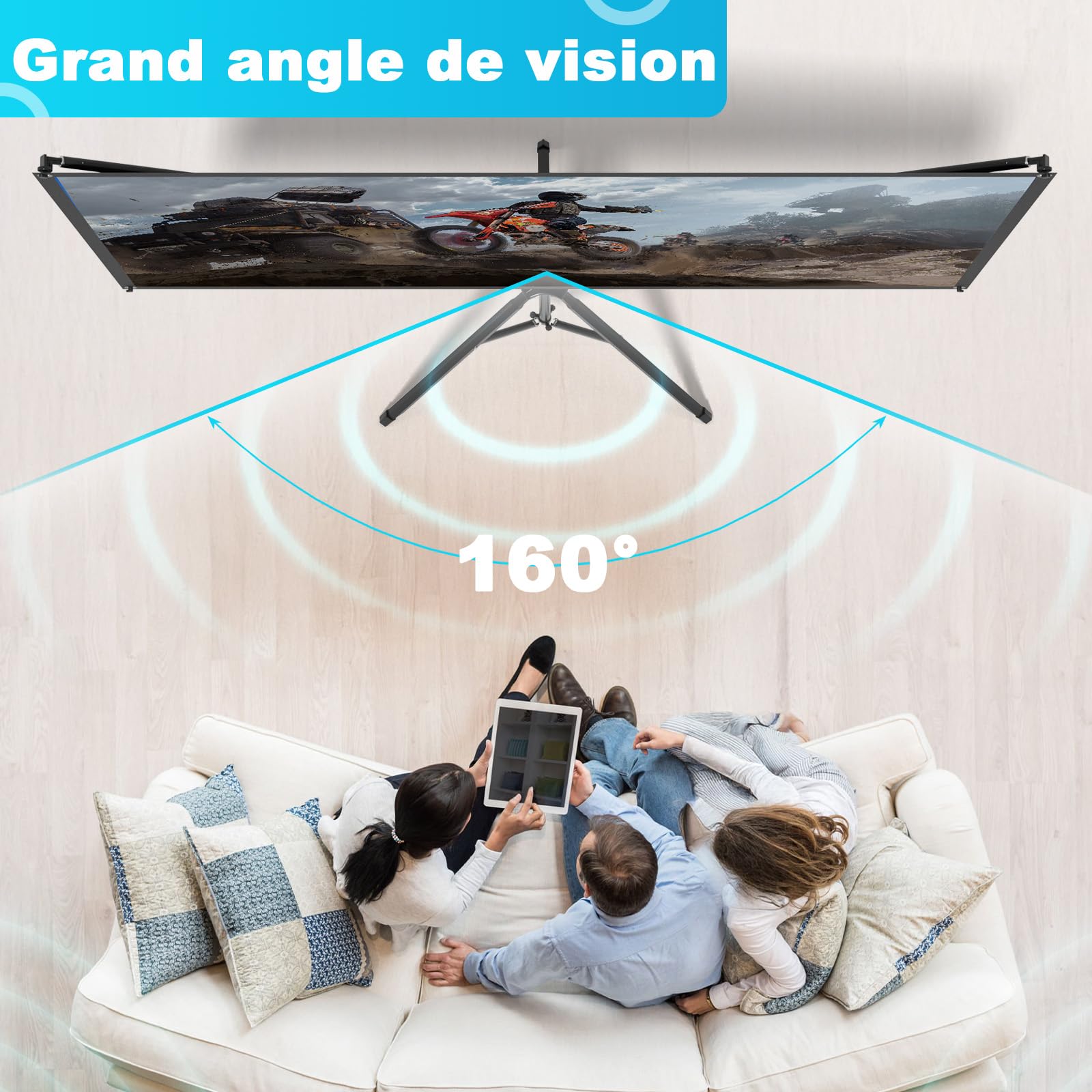 VISULAPEX 80”Écran Videoprojecteur avec Trépied, 4K HD 16:9 Ecran de Projection, Léger Facile à Installer Eran Projecteur, Idéal pour Cinéma Bureau et Présentations