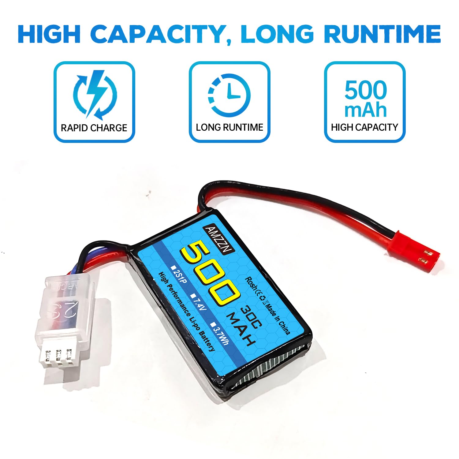 2PCS 7.4V 500mAh 30C JST-2P Lipo spina della batteria con caricabatterie 2-in-1 adatto per elicotteri RC, quadcopter, auto da corsa micro FPV, auto RC, camion e veicoli ad alta velocità