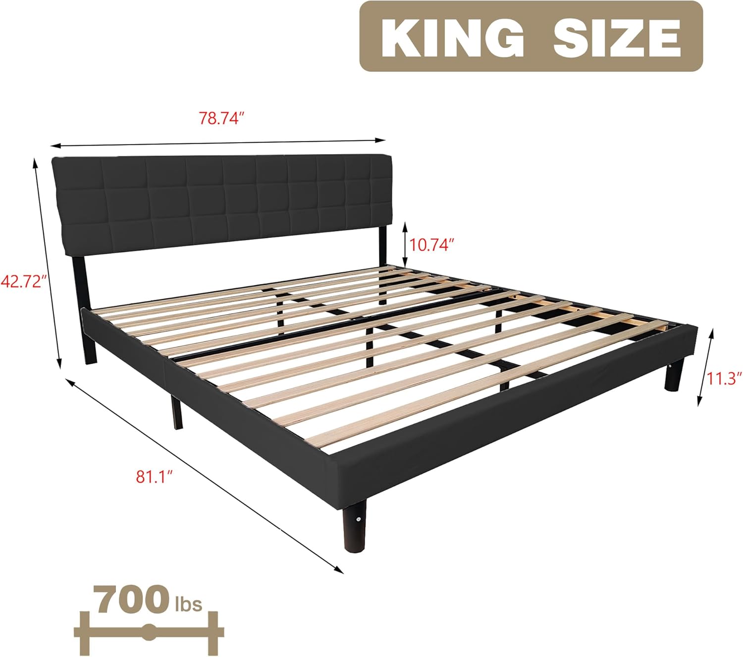 Upholstered King Size Bed Frame Platform with Adjustable Headboard Wood Slats Support No Box Spring Needed Easy Assembly Linen Black