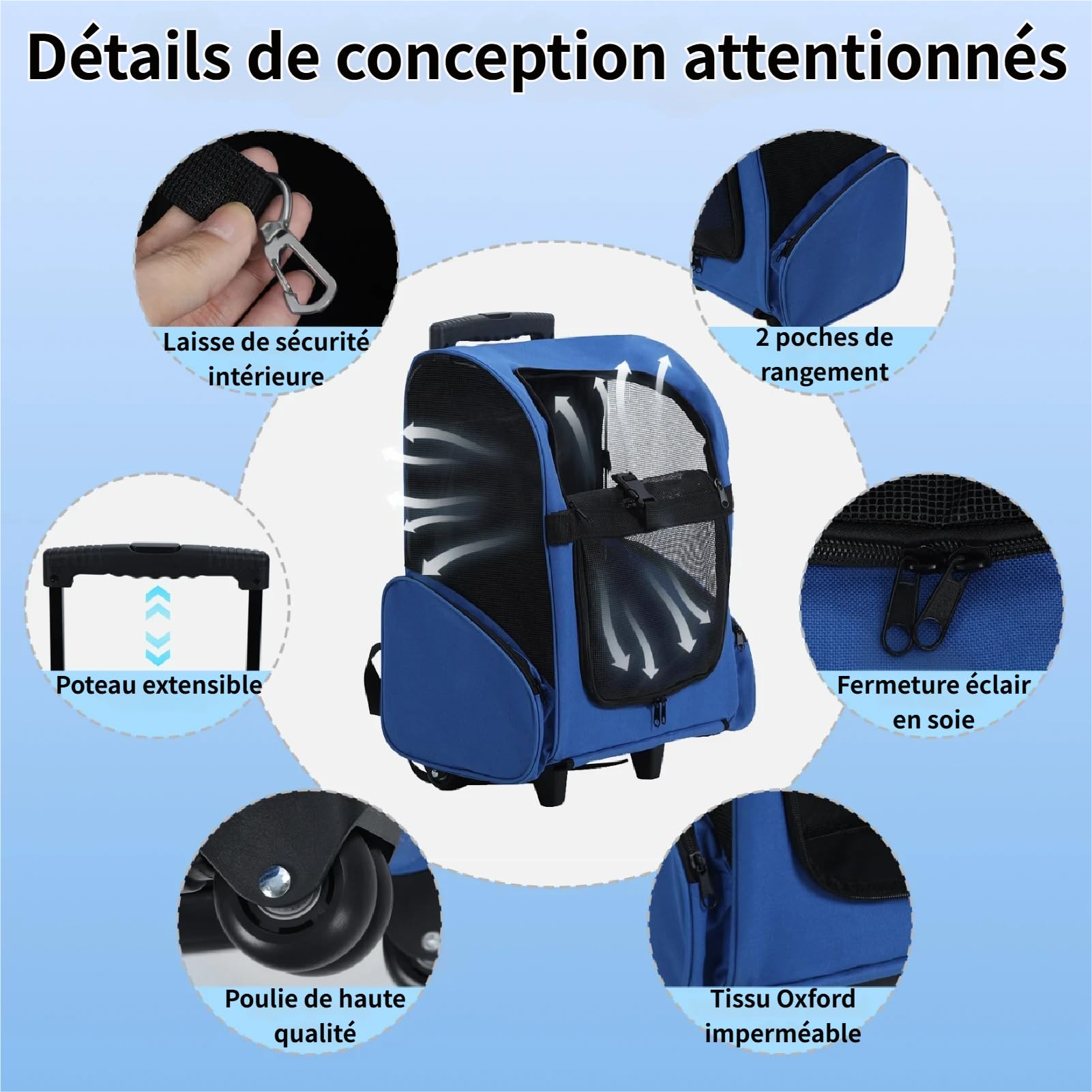 Sac à Dos à roulettes pour Chiens/Chats Supporte 15 kg, Sac à Dos de Transport pour Chien/Chat avec poignée télescopique, Trolley pour Petit et Moyen Chats et Chiens (Bleu Royal)