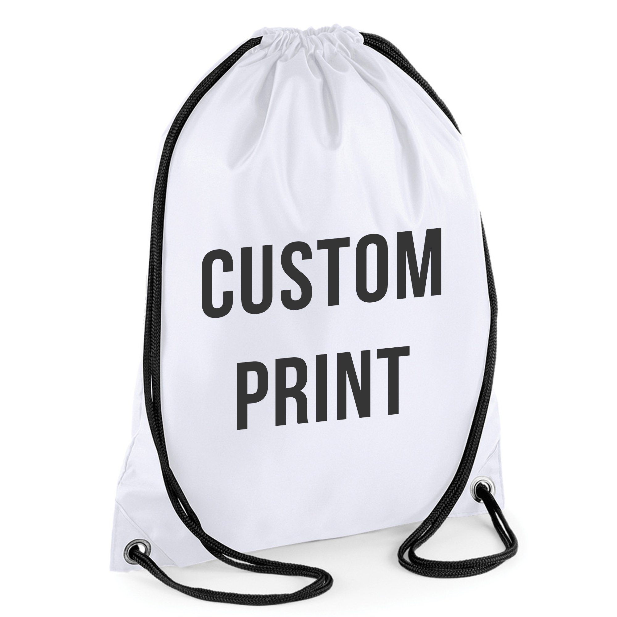 PERSONALISED CUSTOM PRINT - Drawstring Backpack Waterproof Bag Gym PE DUFFLE School Uniform Sack (White)
