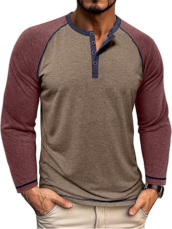 Mens Henley Shirts Raglan Long Sleeve Athletic Tops Color Block Slim Fit T-Shirts Lightweight Basic Button Golf Tops