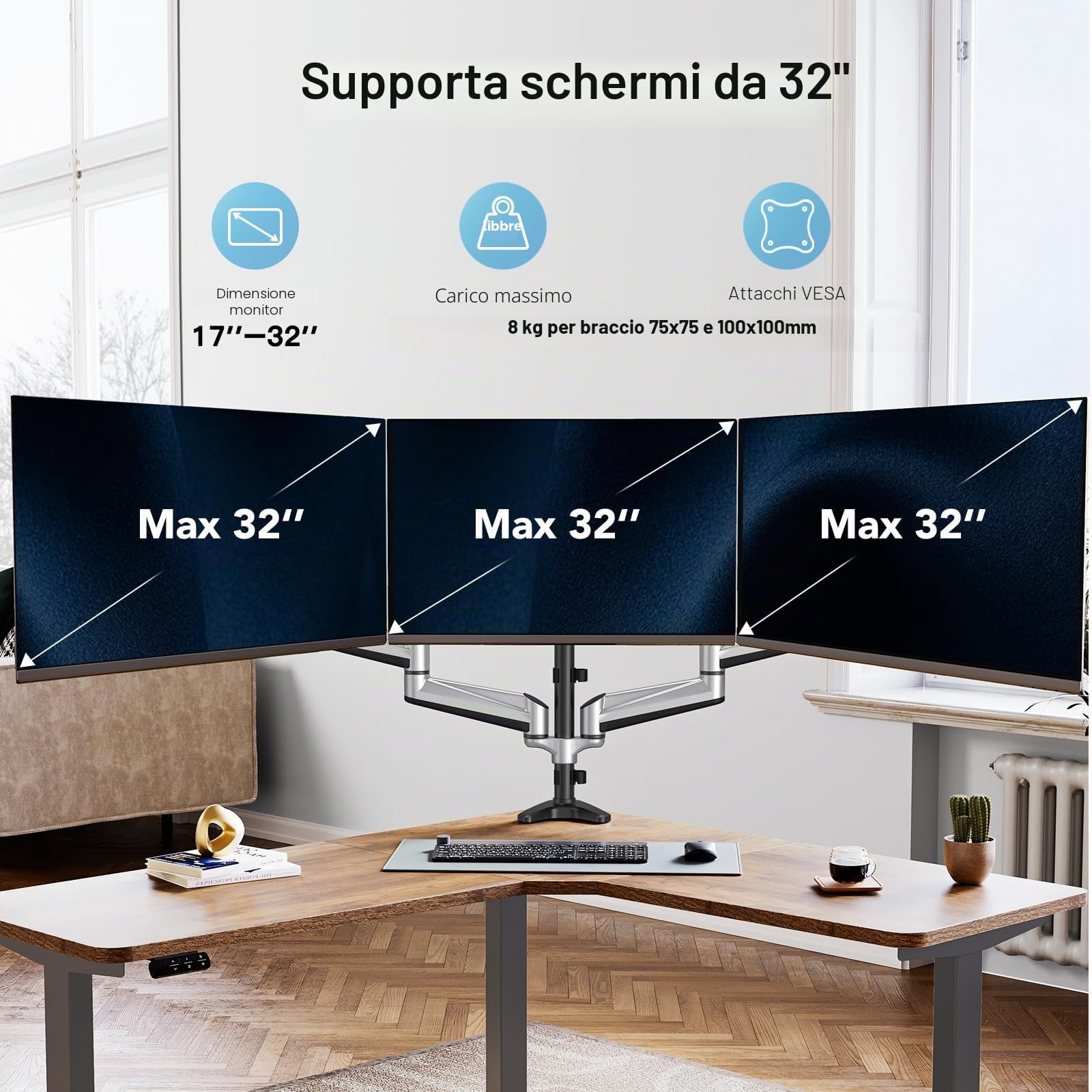 HUANUO Supporto per Monitor Triplo per Schermi Curvi da 13-32 Pollici, Braccio per Monitor Regolabile, Supporto per Monitor con molla a Gas, Capacità di Peso 8KG per Braccio