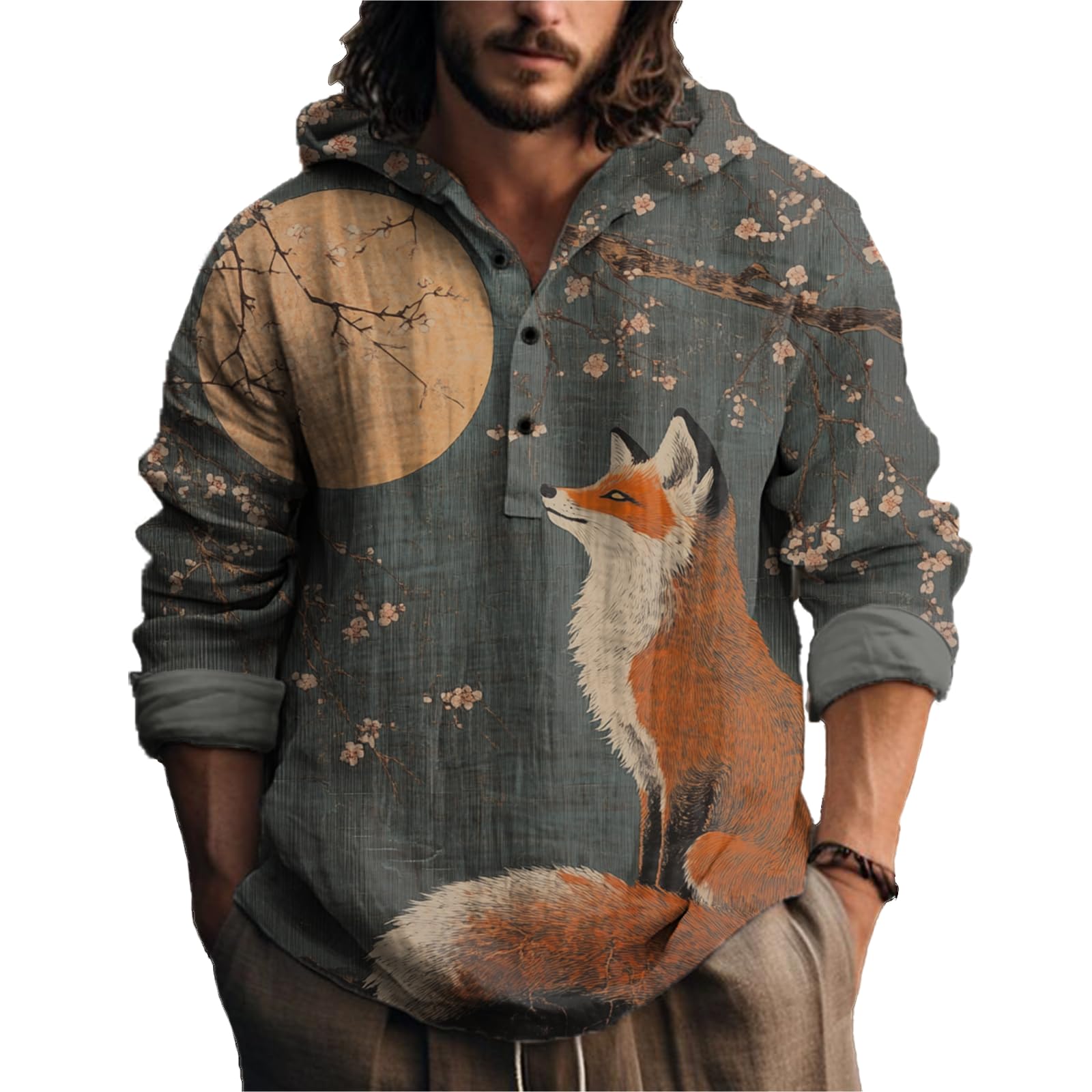 MARSVOVO Mens Japanese Art Long Sleeve Hooded Shirts Lightweight Quarter Button Hoodie Casual Cool Tops for Spring Fall