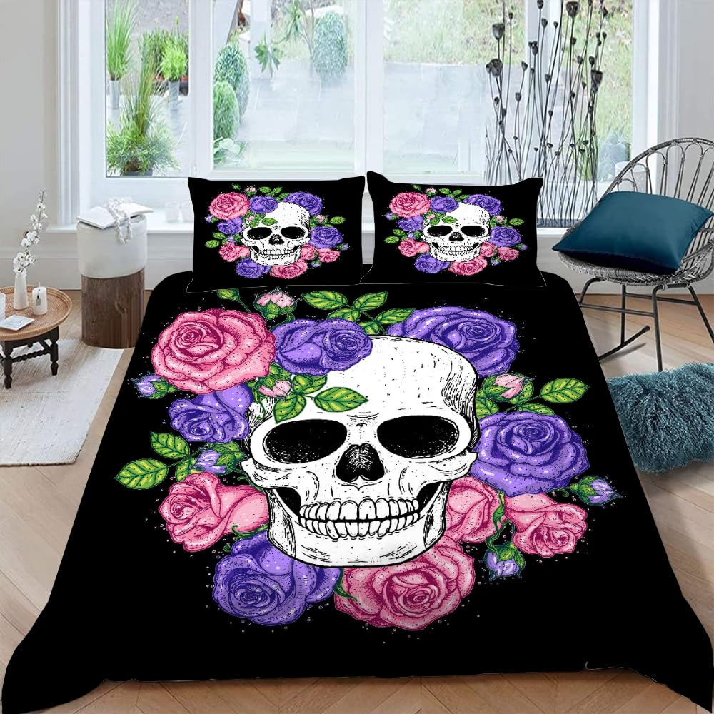 Housse de Couette Fleurs Crâne 3D en Microfibre Douce avec Zip 240x260