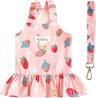 Starwberry Dog Dress Harness and Leash Set Cute Princess Dress Dog Fruit Print Puppy Dresses Girl Dog Clothes for Small Dogs Cats Chihuahua Yorkie (Pink Strawberry, S(Chest 11