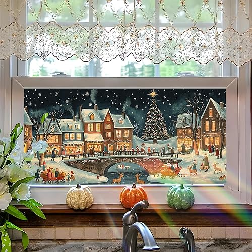 Winter Window Cling Snowy Village Night Scene Cozy Winter Town