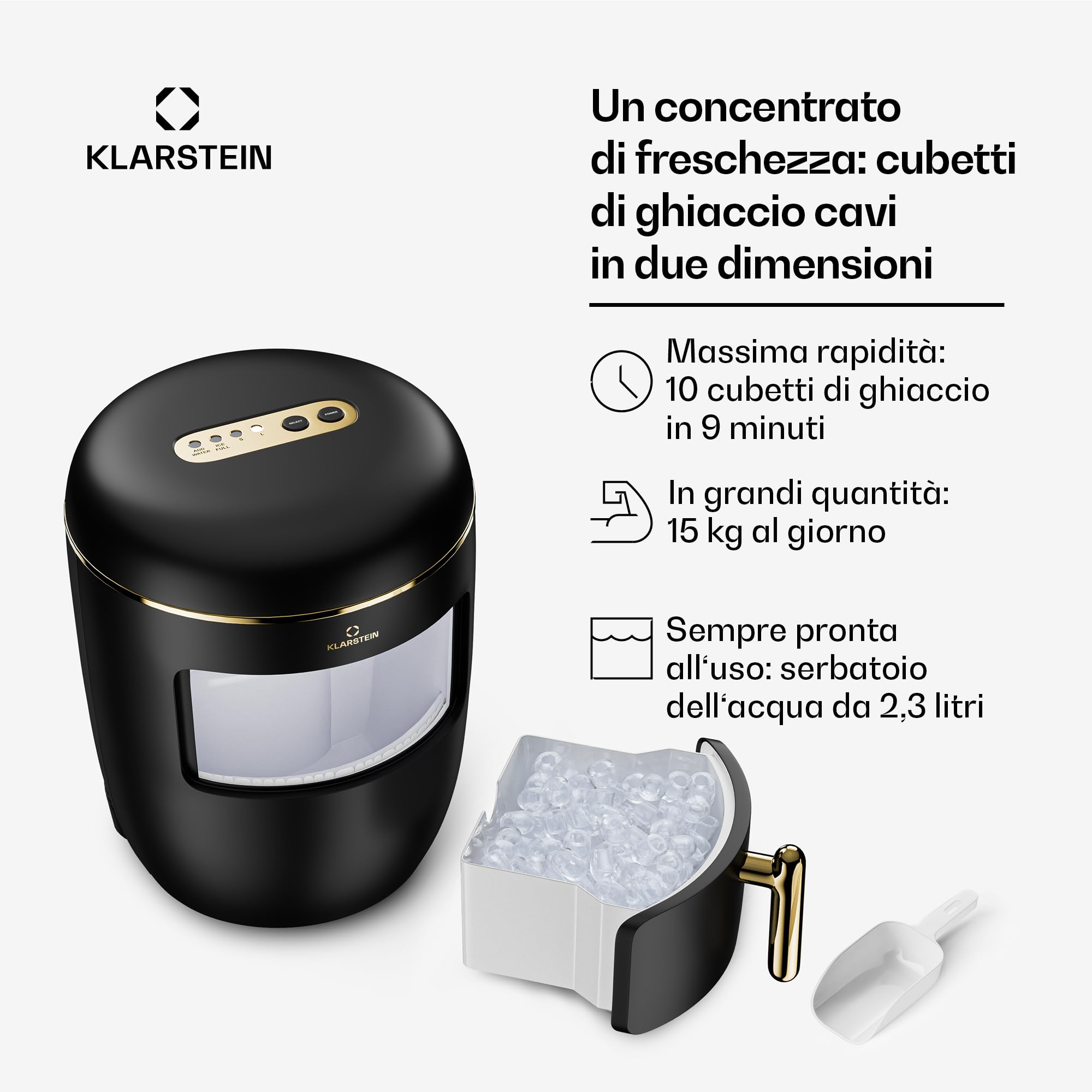 KLARSTEIN Macchina Ghiaccio 2.3L,Macchina del Ghiaccio Professionale,Fabbricatore Ghiaccio Secco fino a 15kg,Cubetti di Grandi e Piccole Dimensioni,Macchina Ghiaccio Casa Autopulente,Ice Maker,Oro