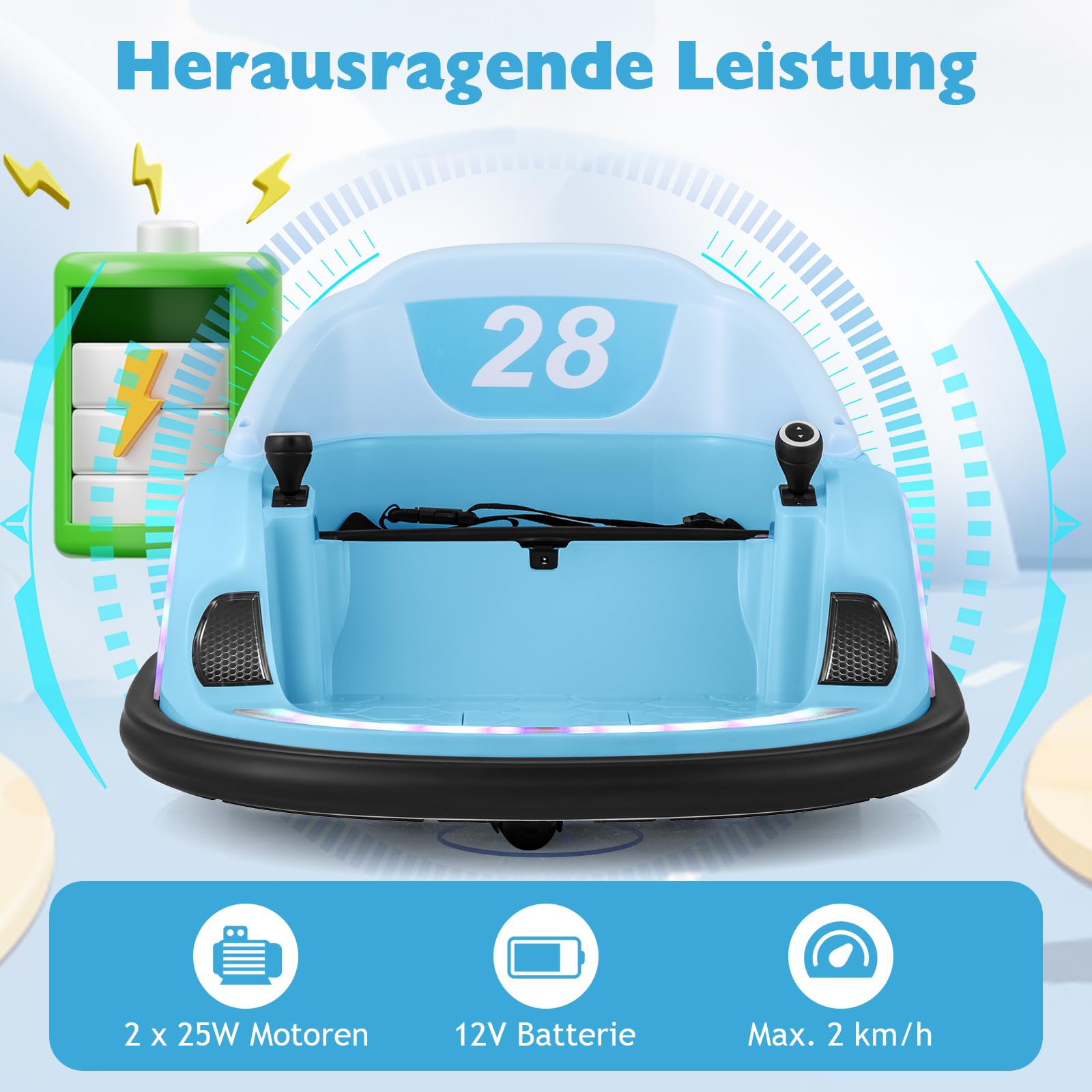 GOPLUS 12V Elektro Autoscooter mit 2,4 GHz Fernbedienung, Kinderfahrzeug 360 Grad drehbar mit LED-Lichtgurt, Sicherheitsgurt, Musik & Hupe, Baby-Stoßspielzeug für Kinder ab 18 Monaten (Blau)