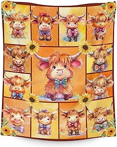 Highland Cow Blanket Gifts - 40x50 Inches Cute Throw Blanket for Girls & Boys - Yellow Soft Fuzzy Blankets for Bed, Couch & Living Room