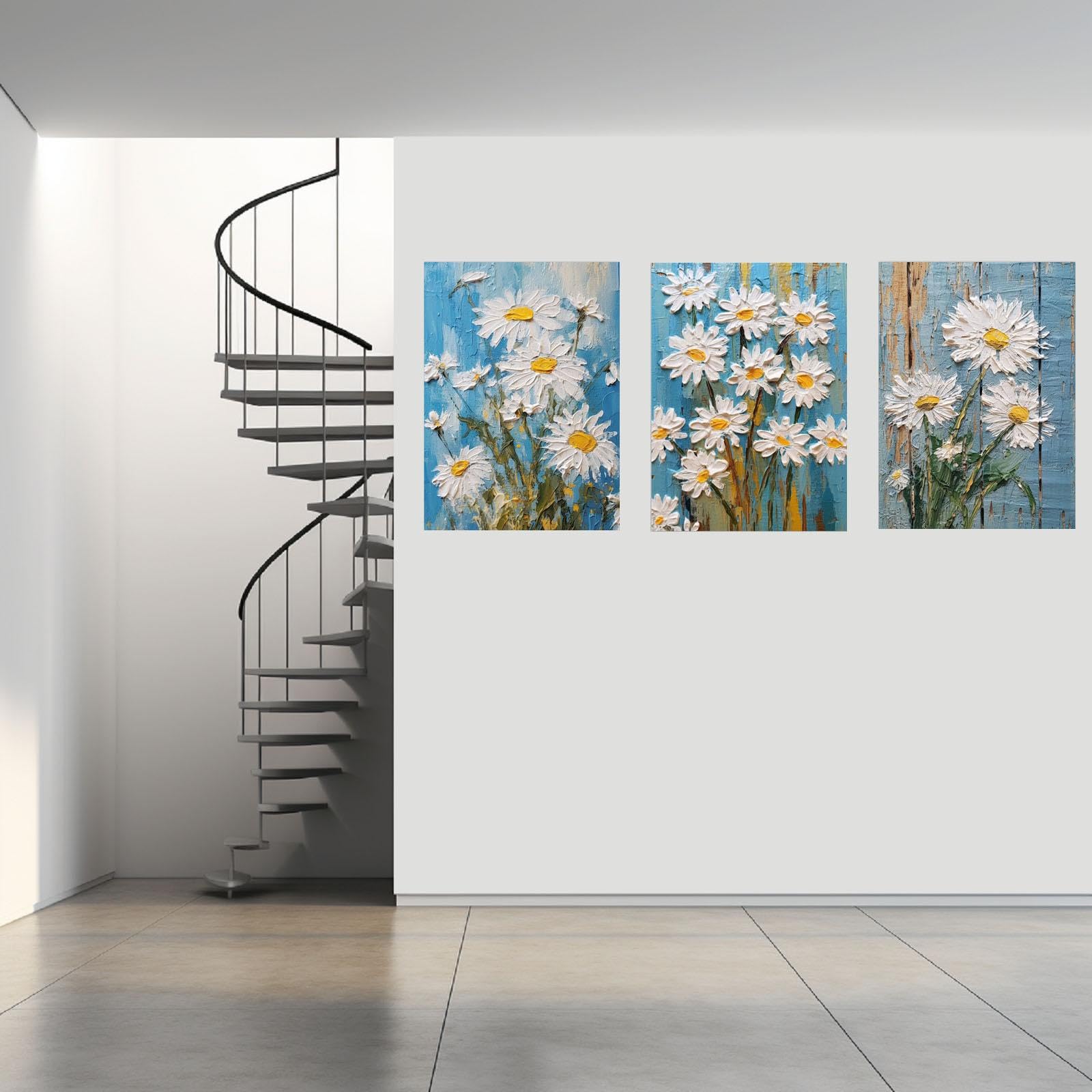 JOSUE Set de 3 Bohemia Cuadros Y LáMinas Lienzo,flores abstractas Blanco amarillo Cuadro Cartel Sala De Estar Cuarto De BañO Comedor-50x70cm Enmarcado