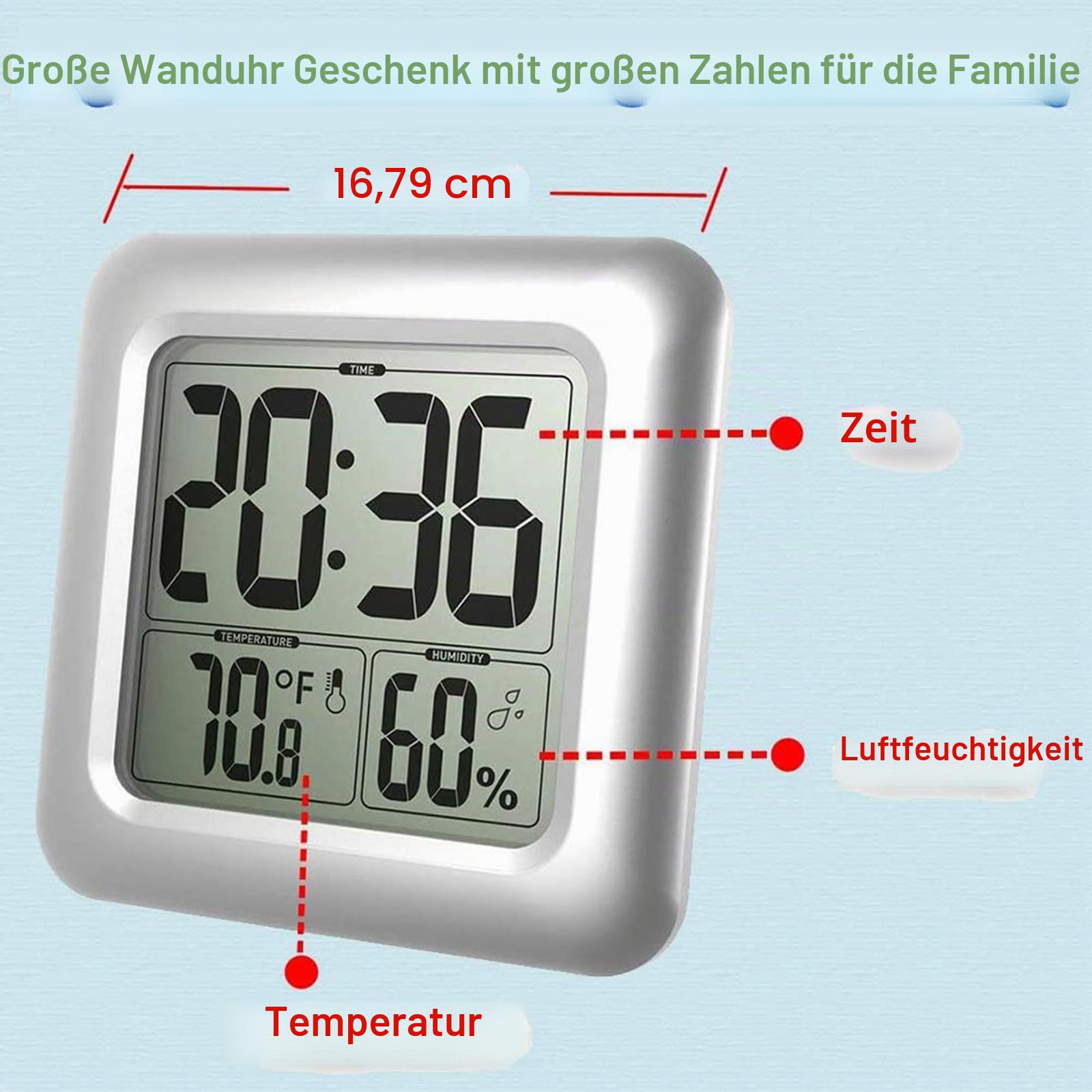 Große wasserdichte Badezimmer-Dusch-Wanduhr, großes LCD-Display, digital, wasserabweisend, für Innen- und Außenbereich, Temperatur- und Luftfeuchtigkeitsuhr, leicht ablesbare hängende Uhr für ältere
